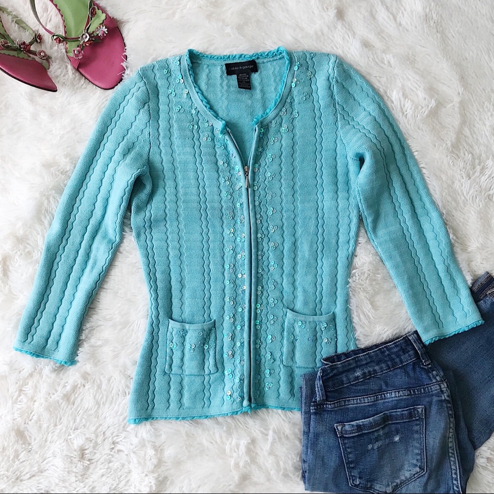 Cable & Gauge Aqua zip front cardigan. Size xs